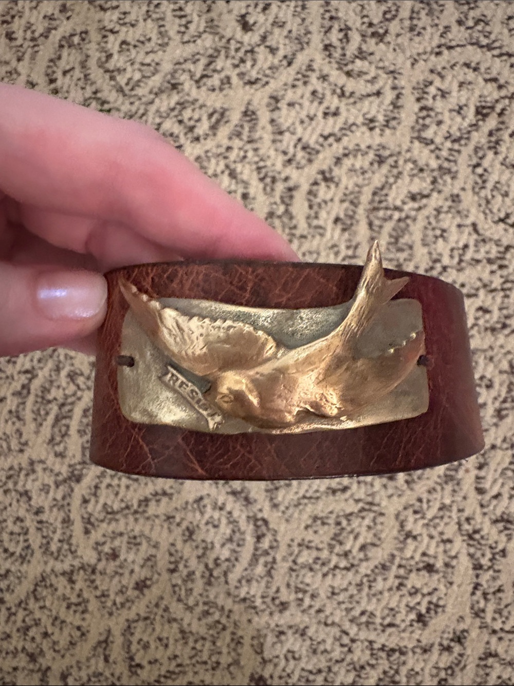 Leather Cuff Bracelet with Gold Dove Accent - Brown